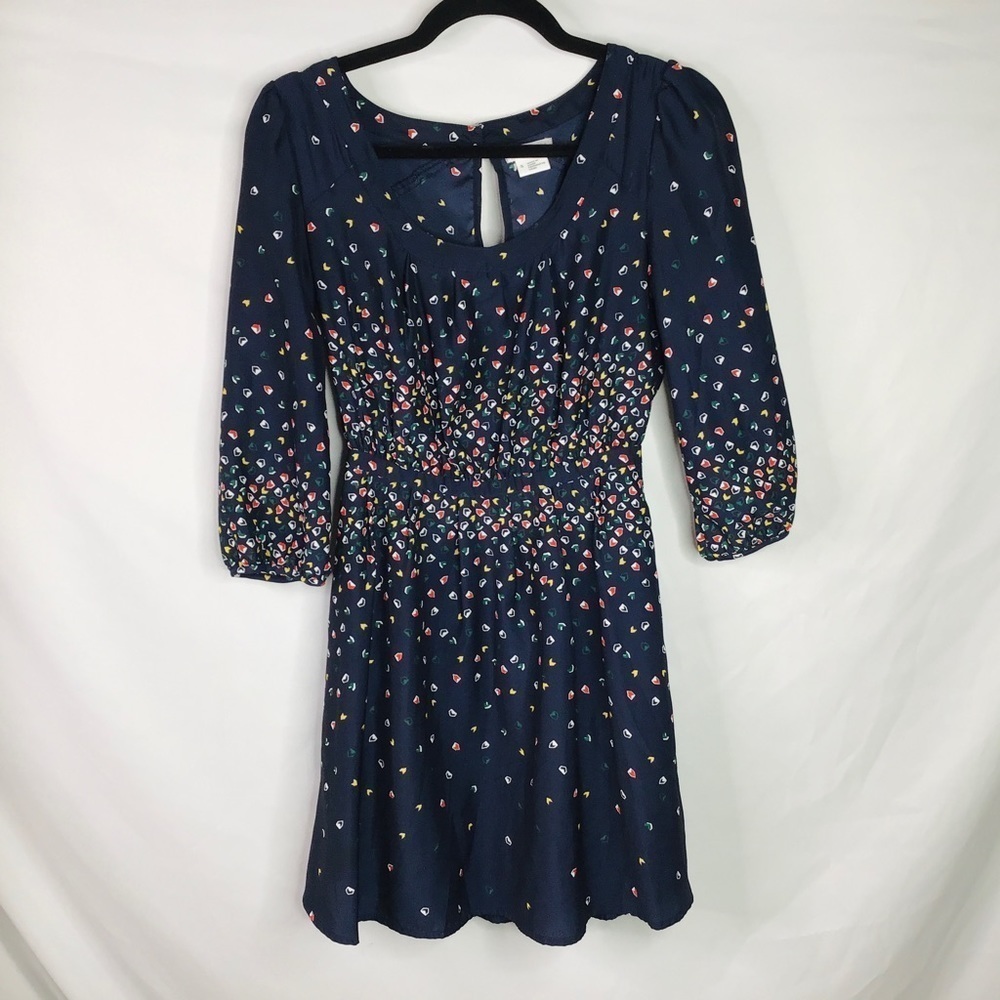 ANTHRO Cooperative Dress Size Small 3/4 Sleeve Pockets Floral Print Navy Blue